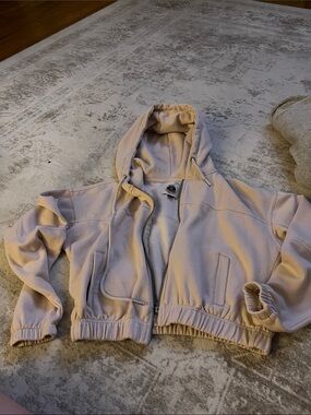 Cropped Hooded Bomber Jacket in Light Beige